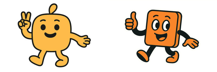 Set of retro cartoon mascot characters with positive gestures, a friendly smiling character making a peace sign and another giving a thumbs up