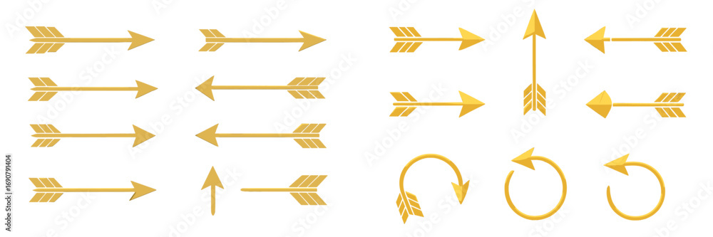 Poster collection of golden arrows with a metallic texture, set of various pointer and cursor icons for nav
