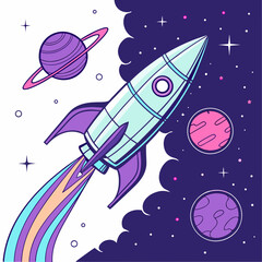 Vector art of colorful cartoon rocket ship flying through space with planets and stars