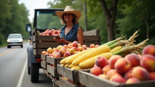 Seasonal Vendor Selling Fresh Peaches and Corn Bouquets in Handcrafted Crates at Roadside Pullout for Travelers - Photo Stock Concept with Empty Space on Left