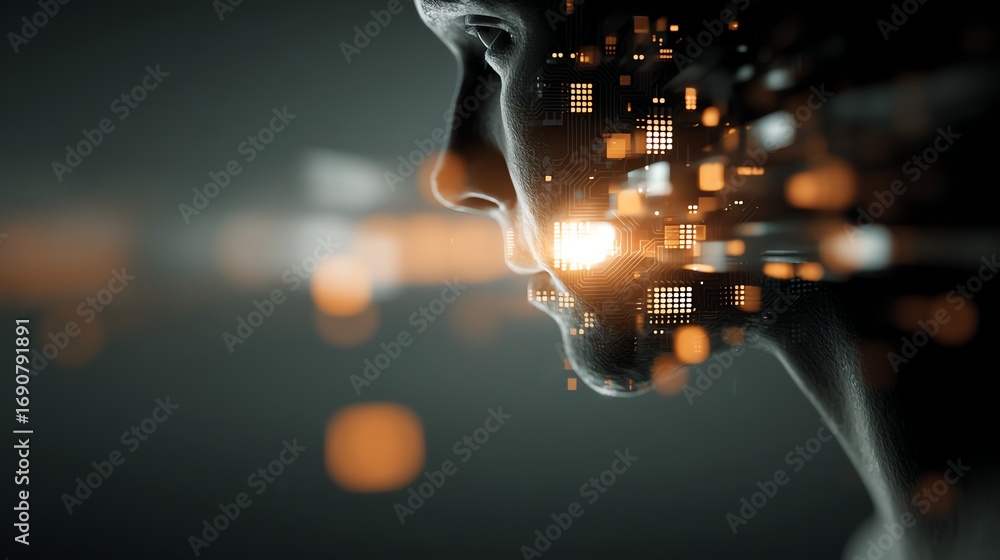 Poster a striking profile of a human face merges with intricate digital circuitry, symbolizing the intersec