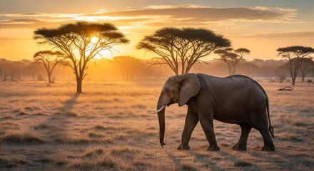 Fototapeta premium A majestic African elephant with large tusks walks across the golden savanna at sunrise, with acacia trees silhouetted in the background.