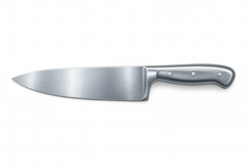 Professional metal chef knife lying on a transparent background, perfect for cooking and culinary visuals