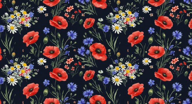 Fototapeta Red Poppy and Daisy Floral Pattern Seamless Texture Dark Blue Background Detailed Botanical Illustration Summer Spring Nature Theme Textile Design
