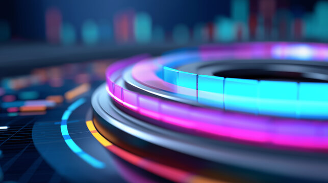 A holographic decision making chamber glows with strategic financial analysis dashboards radiating layers of market predictions in neon colors. Atmosphere of clarity leadership