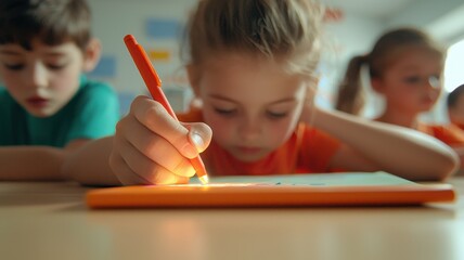 Detailed close-up of a student writing with a glowing stylus on a holographic notebook, ambient classroom setting, sharp focus, vibrant colors.