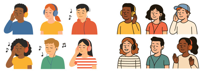 Collection of diverse young people enjoying music with headphones and earbuds, isolated character portraits showing relaxation and happiness