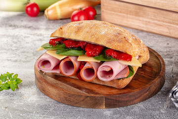 Ciabatta with mortadella, tomato, cheese and spinach