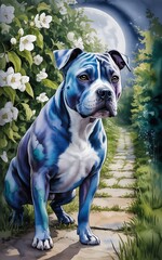 Blue American Staffordshire Terrier Dog Moonlight Garden