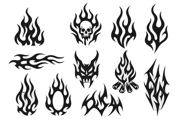 Set of tribal flame tattoo designs with skull and demon elements for hot rod car decals and body art decoration