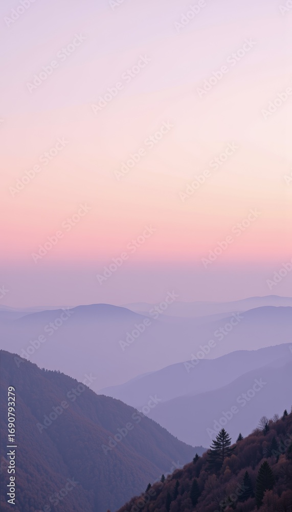 Poster tranquil dawn over serene mountain range with misty valleys and soft pastel sky creating a calming l
