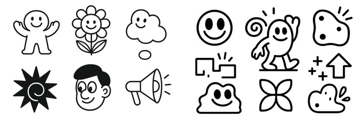 Collection of retro cartoon characters and abstract doodle icons in a minimalist black and white style with smiley faces and geometric shapes