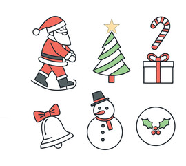 Flat Colorful Christmas Icon Set – Santa, Tree, Candy Cane, Gifts, Bell, Snowman