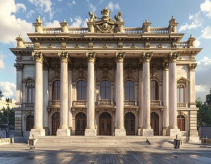Obraz premium Grand Neoclassical Theater Facade with Majestic Columns and Ornate Balcony