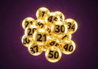 Lottery theme, Golden glowing balls with numbers floating in the air, symbolizing luck and chance.