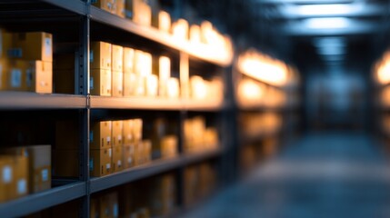 Fototapeta premium Indoor warehouse with organized shelving units holding cardboard boxes, warm lighting creates a cozy atmosphere,