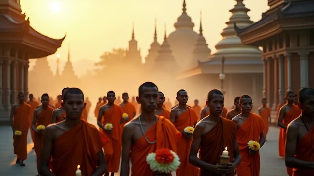 Monks and Laypersons in Heritage Buddhist Day Procession at Dawn, Carrying Floral Garlands and Incense Burners Around Main Stupa - Photo Stock Concept with Empty Space on Left