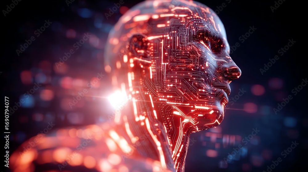 Poster a striking digital rendering portrays a human profile constructed from intricate circuitry, evoking 