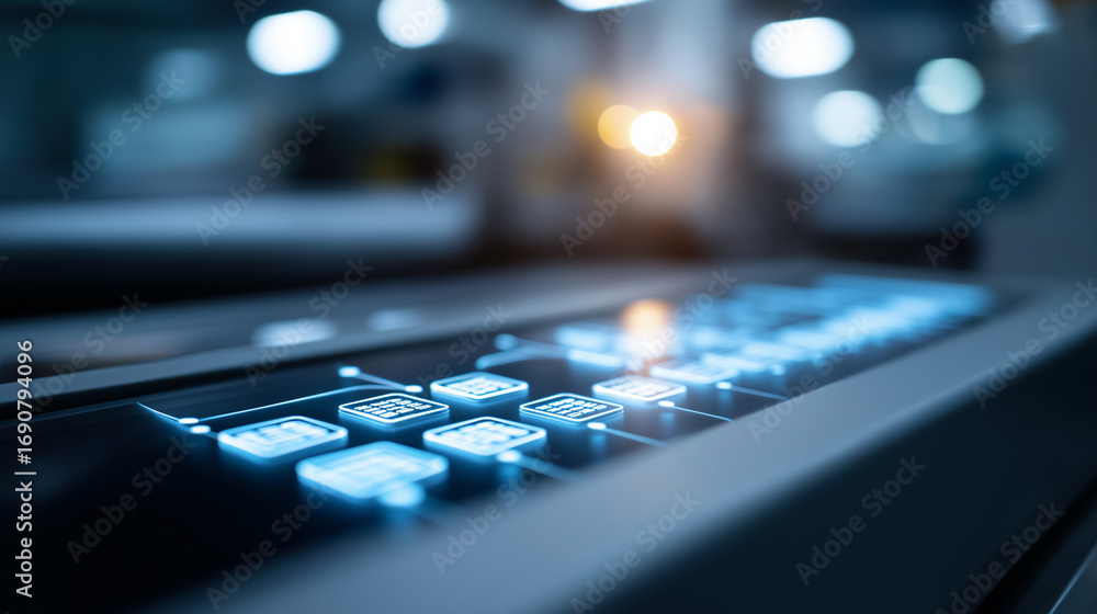 Poster a futuristic automation panel glows with workflow management icons luminous pathways flowing seamles