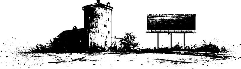 Naklejka premium Grunge black and white urban scene featuring abandoned building and billboard for creative design