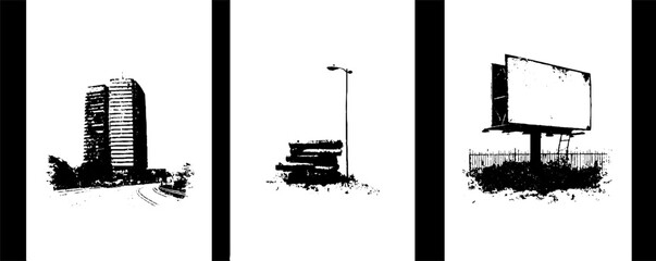 Naklejka premium Grunge black and white urban decay set featuring abandoned structures and street elements