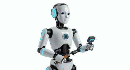 Advanced android assistant holding a futuristic gadget, isolated on a white background representing the concept of robotics and automation