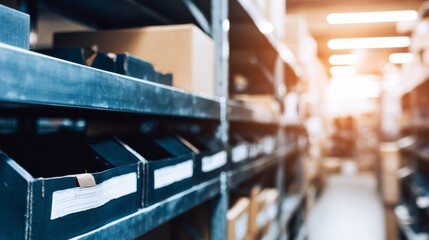 An organized warehouse with labeled shelves and drawer compartments for efficient inventory management, bright lighting,