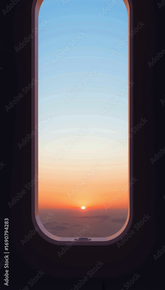 Poster scenic aerial view of vibrant sunset from airplane window with mesmerizing gradient sky and serene h