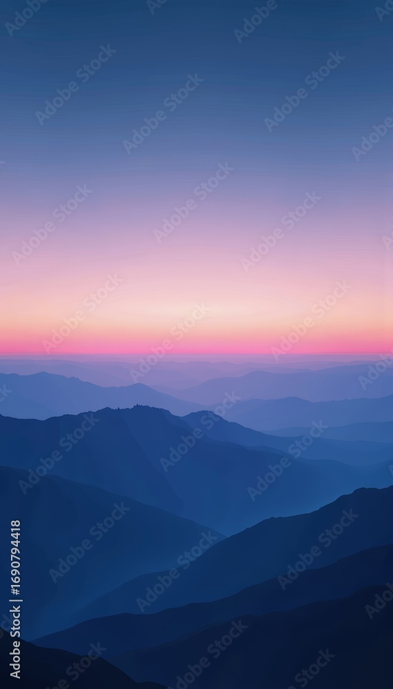 Poster serene mountain range at dawn with layers of peaks and a soothing gradient sky illuminated by the fi