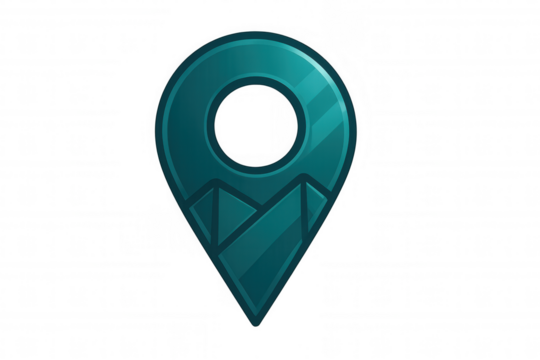 Green glassy location pin icon with mountain peaks inside, isolated on transparent background, ideal for travel and adventure concepts