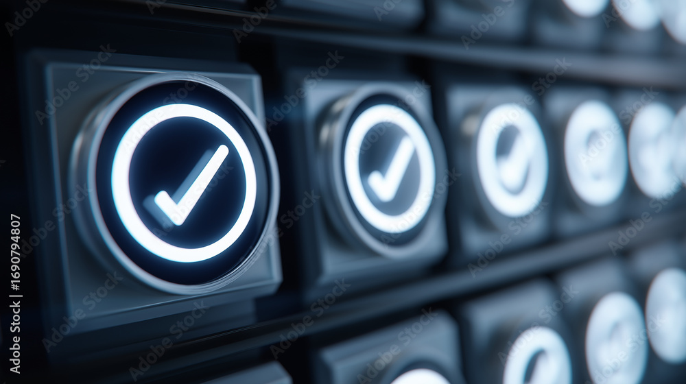 Poster a compliance dashboard pulses with glowing iso certification symbols orderly grids aligning under ra