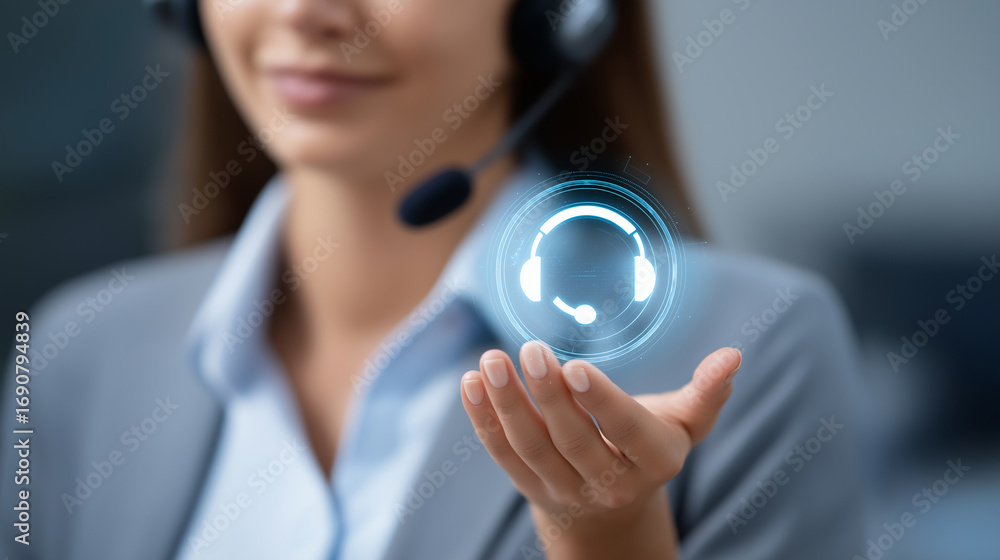 Poster A futuristic support desk glows with communication visuals digital icons floating mid air as a holographic assistant responds instantly. Atmosphere of reliability speed and