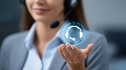 A futuristic support desk glows with communication visuals digital icons floating mid air as a holographic assistant responds instantly. Atmosphere of reliability speed and