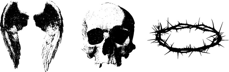 Grunge black and white angel wings, skull, and thorn crown design for art projects