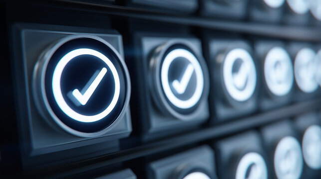 A compliance dashboard pulses with glowing ISO certification symbols orderly grids aligning under radiant white blue light. Atmosphere of discipline reliability and structured