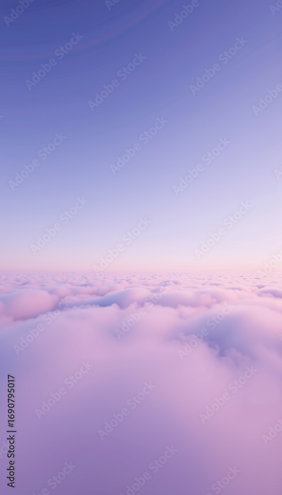 Poster serene aerial view of vast cloudscape with soft pastel hues in sky creating dreamlike atmosphere dur