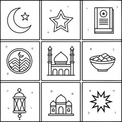 Collection of islamic cultural symbols and religious icons representing ramadan and eid celebrations in a grid layout with a hand drawn sketch style