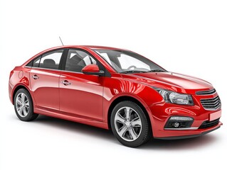 Obraz premium A glossy red car is presented against a plain white background, showcasing its sleek design and vibrant hue.