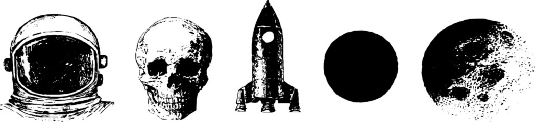 Grunge black and white astronaut, skull, rocket, planet, moon design for urban art