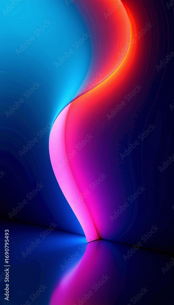 Poster vivid abstract light curve with gradient neon hues and reflective surface creating a mesmerizing mul