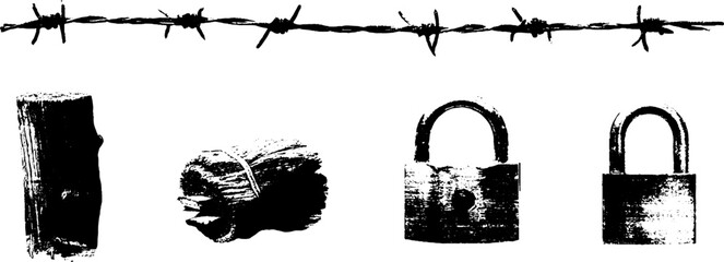 Grunge black and white barbed wire, lock, and wood set for urban design