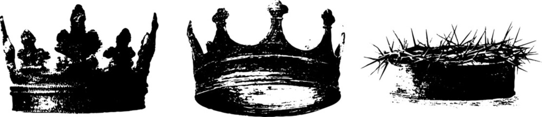 Grunge black and white crown set for vintage design and decoration