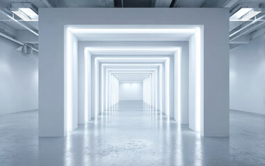 Fototapeta premium Modern white corridor with bright neon lights and empty space