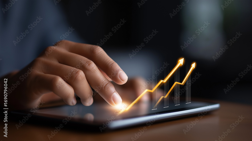 Poster a sleek touchscreen interface lights up as glowing percentage graphs expand outward financial strate