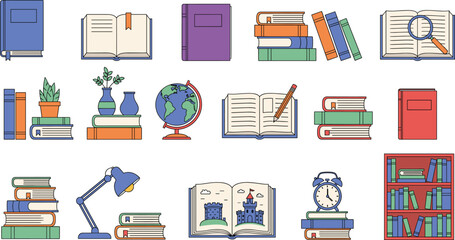 Book and study icon set featuring globe, lamp, pencil, magnifier, bookshelf, clock, plant, learning tools, colorful vector illustration