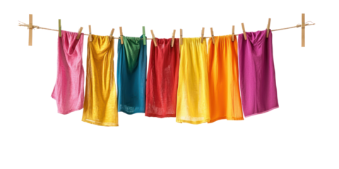 A colorful rainbow of fabric hanging on a clothesline with wooden pegs.