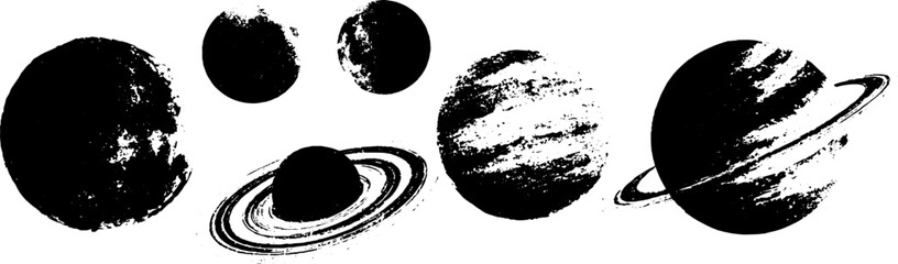 Grunge black and white illustration of planets for design and decoration