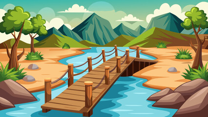 Vector art of a serene cartoon landscape featuring a wooden bridge over a river, with mountains, trees, and rocks in a peaceful outdoor setting