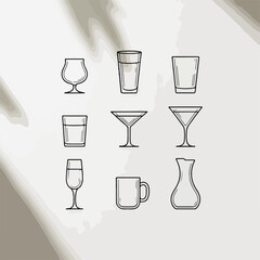 A minimalist line art illustration of nine different drinking glass and beverage containers arranged in a 3x3 grid. 