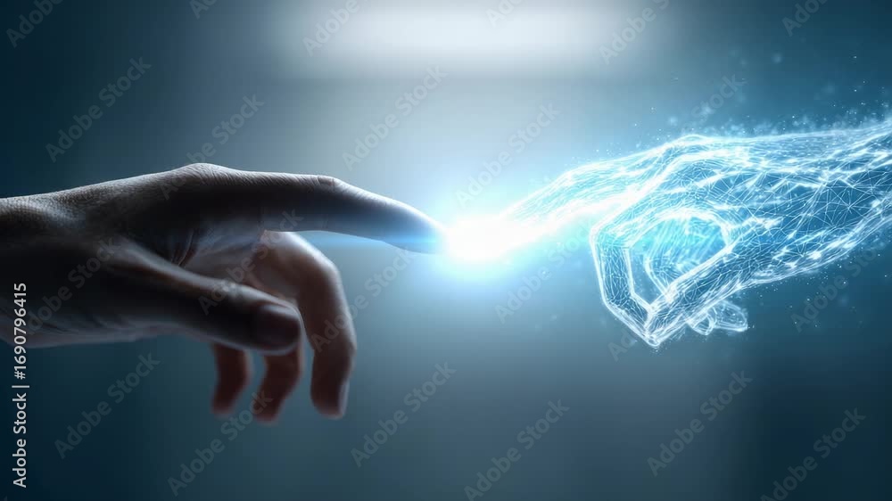 Poster human hand touching robotic hand, generating luminous connection between fingers, representing emerg